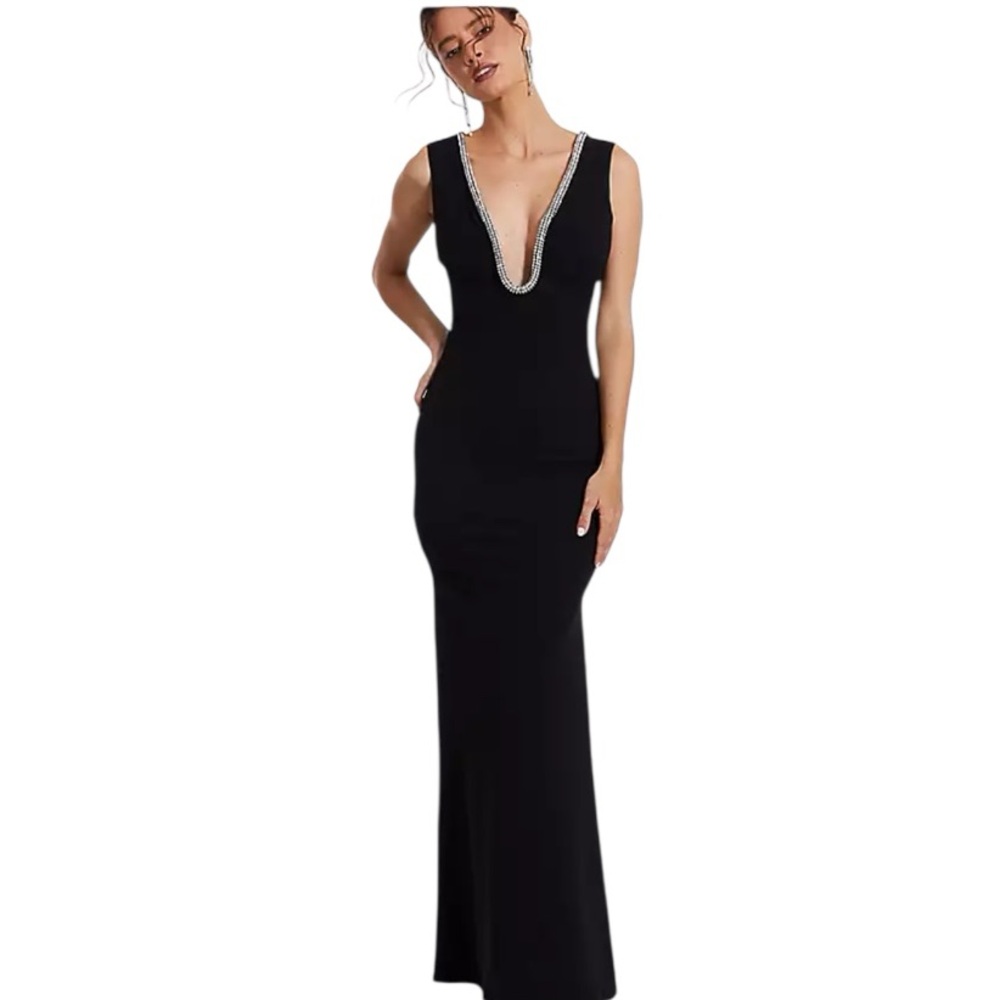 NWT Quiz Black Scuba Crepe Diamanté Trim Fishtail Maxi Dress Black Tie Formal